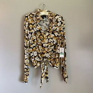 Karen Kane PETITE Lrg Black & Gold Women’s Button Down Floral Blouse NWT
